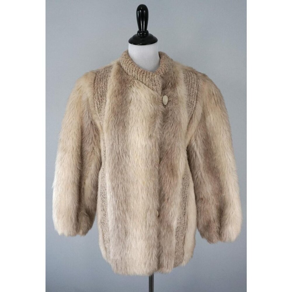 Vtg D'esprit Dubrowsky & Perlbinder Faux Fur Brown Beige Knit Mid Coat Size XL